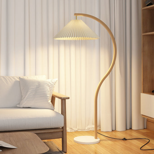 Modern Pleated Floor Lamp with Gold Curved Arc Arm Marble Base Cream Fabric Shade Standing Lamp for Living Room Bedroom and Home Decor