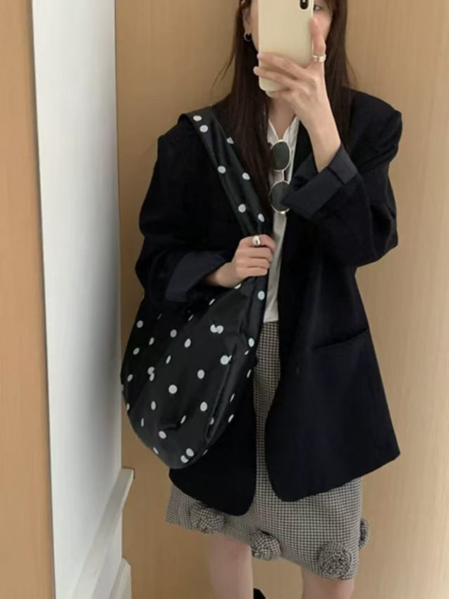 Black Polka Dot Canvas Tote Bag | Large Slouchy Shoulder Bag