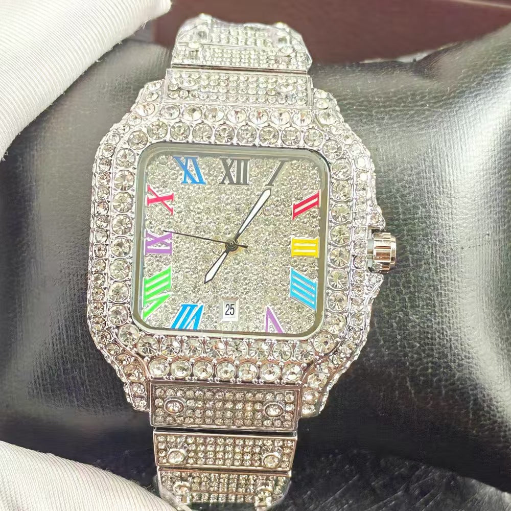Iced Out Gold Square Watch | Full Diamond Crystal Baguette Bracelet Watch with Colorful Roman Numerals & Date Display | Hip Hop Luxury Watch