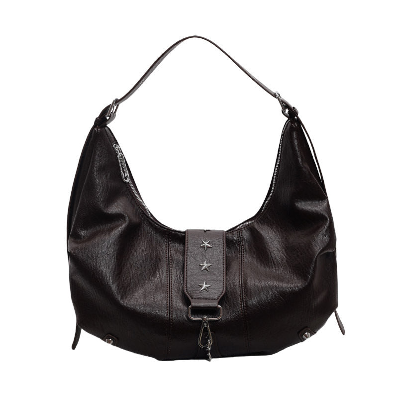 Black Leather Hobo Bag with Star Studs | Slouchy Shoulder Bag with Zip Detail