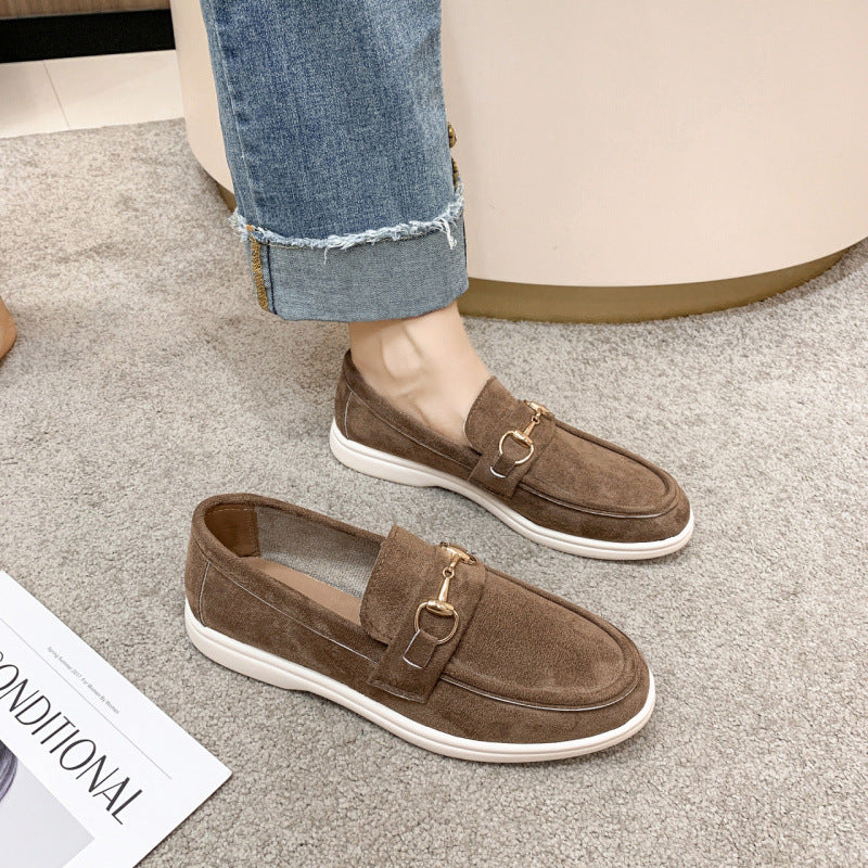 Women's Grey Suede Horsebit Loafers ? Luxury Inspired Slip-On Flat Shoes with Gold Hardware