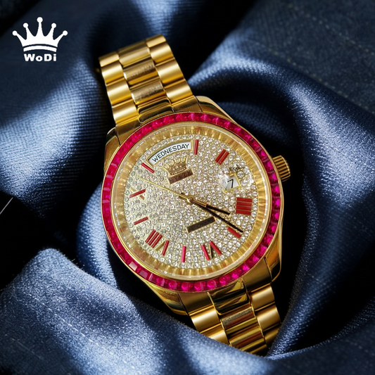 HY&ZX Automatic Gold Watch | Diamond Paved Dial Ruby Baguette Bezel | Day Date Presidential Bracelet Men's Luxury Watch