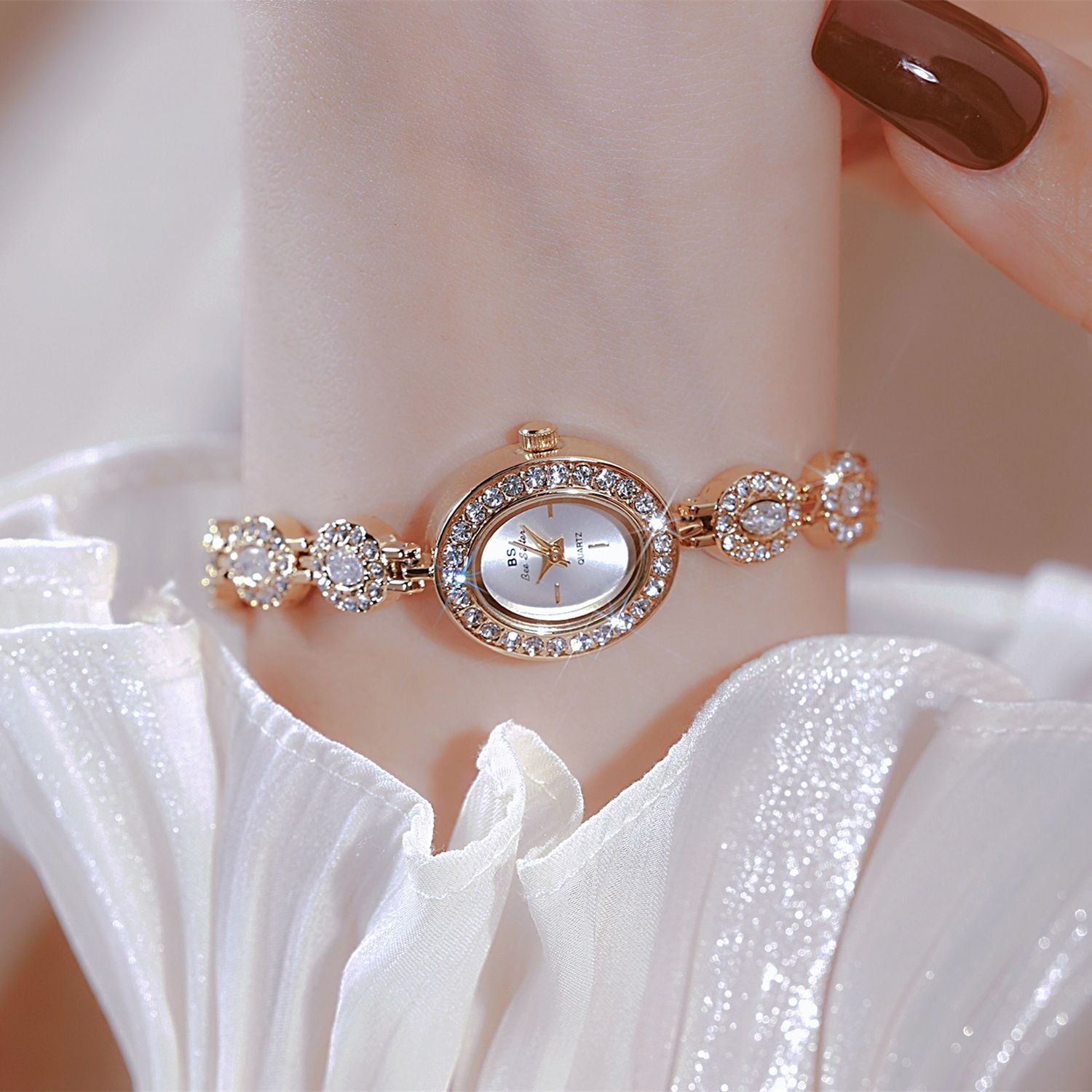BS Bee Sister Women's Gold Crystal Bracelet Watch | Oval Diamond-Set Luxury Quartz Watch for Ladies