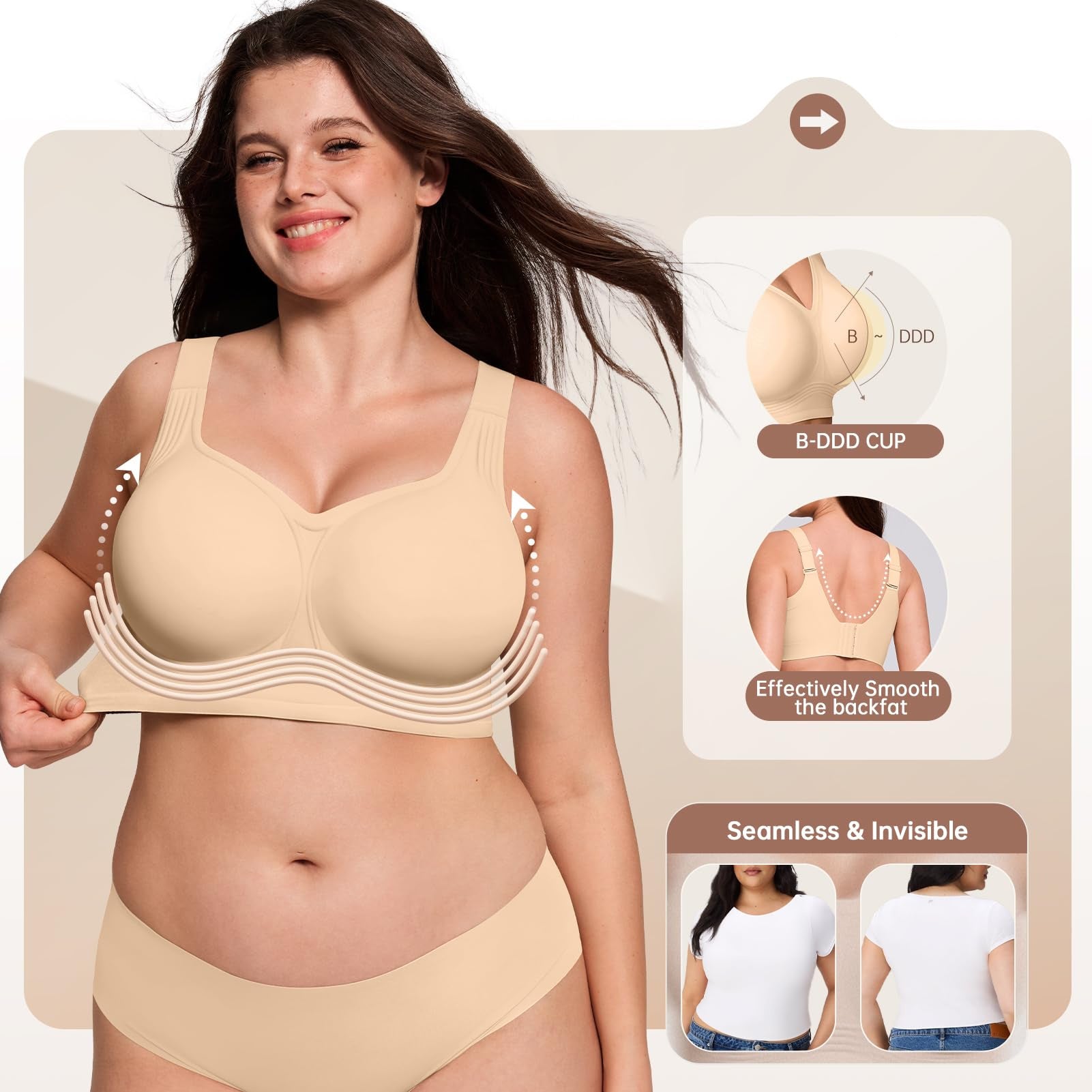 Women's Nude Seamless Wireless Bra with Wide Straps and Full Coverage Molded Cup for Everyday Comfort