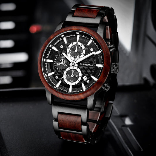 Men's Wood & Steel Chronograph Watch | 3 Color Variants | Blue Brown Black Dial | Natural Wood Bezel | Sport Luxury Wrist Watch with Date | UAE