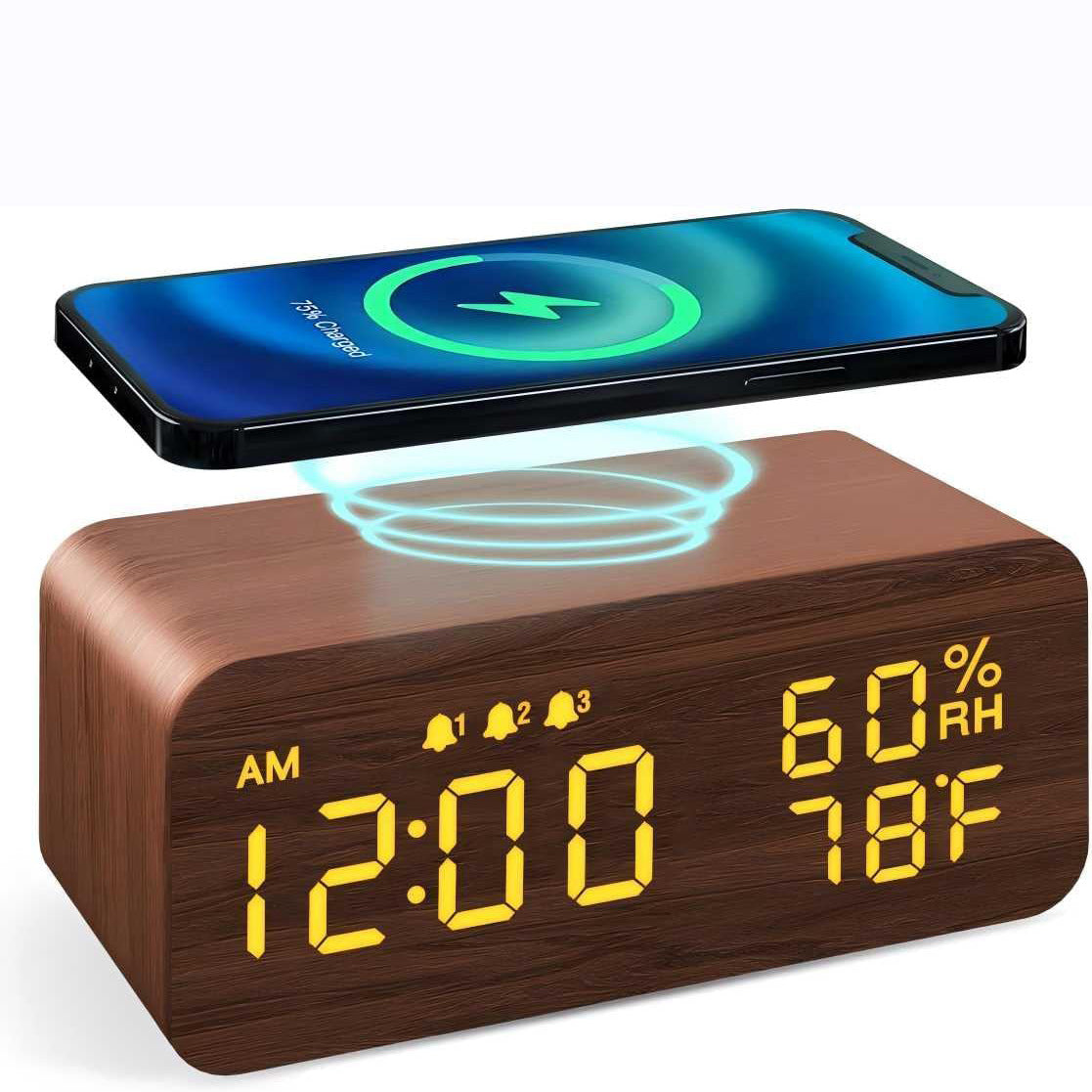 Wireless Charging Station Alarm Clock with Digital Display Temperature Humidity Wood Grain Design Qi Fast Wireless Charger for iPhone Android