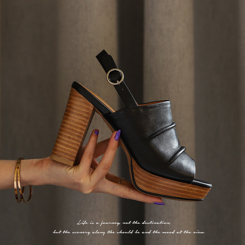Black Leather Peep Toe Platform Slingback Heels | Women's Ruched Ankle Strap Stacked Wood Chunky Heel Sandals | Retro Boho Heels