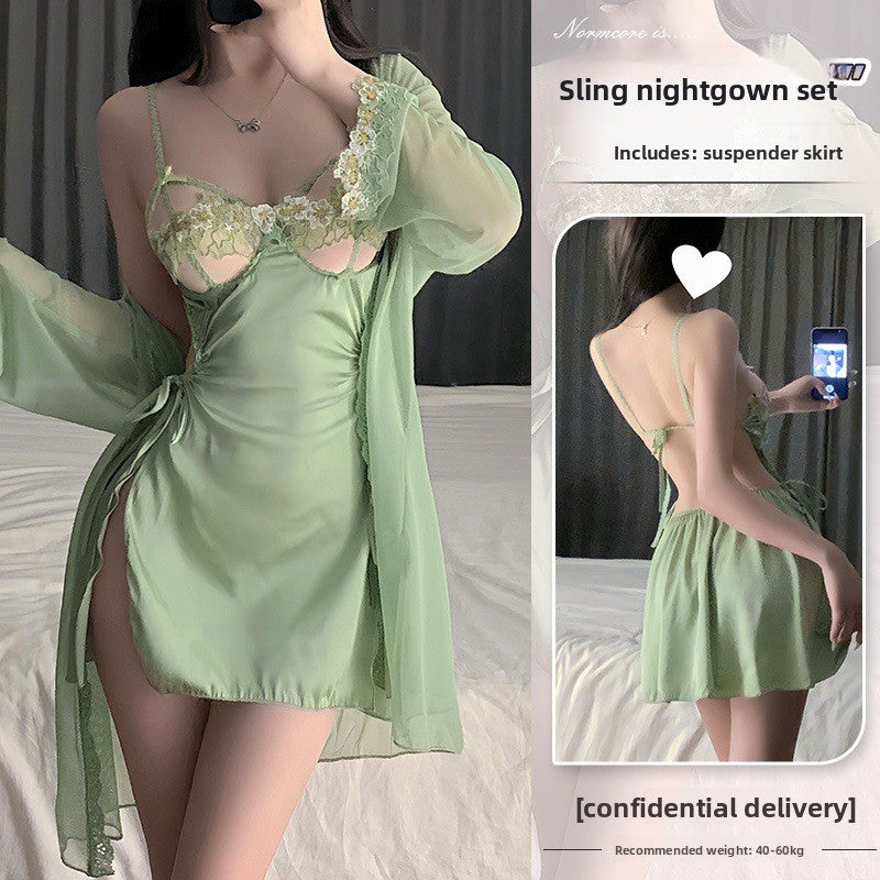 Women's Green Satin Lace Babydoll Lingerie Set Sexy Hollow Out Chemise Mini Slip Dress with Robe
