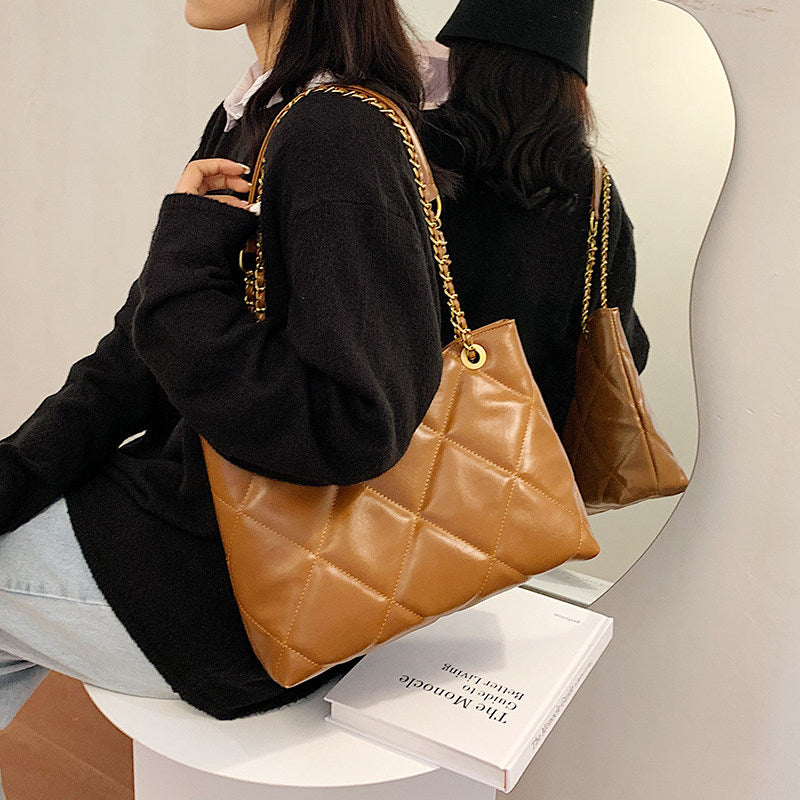 Cream White Quilted Leather Tote Bag with Gold Chain Straps | Diamond Stitched Shoulder Bag