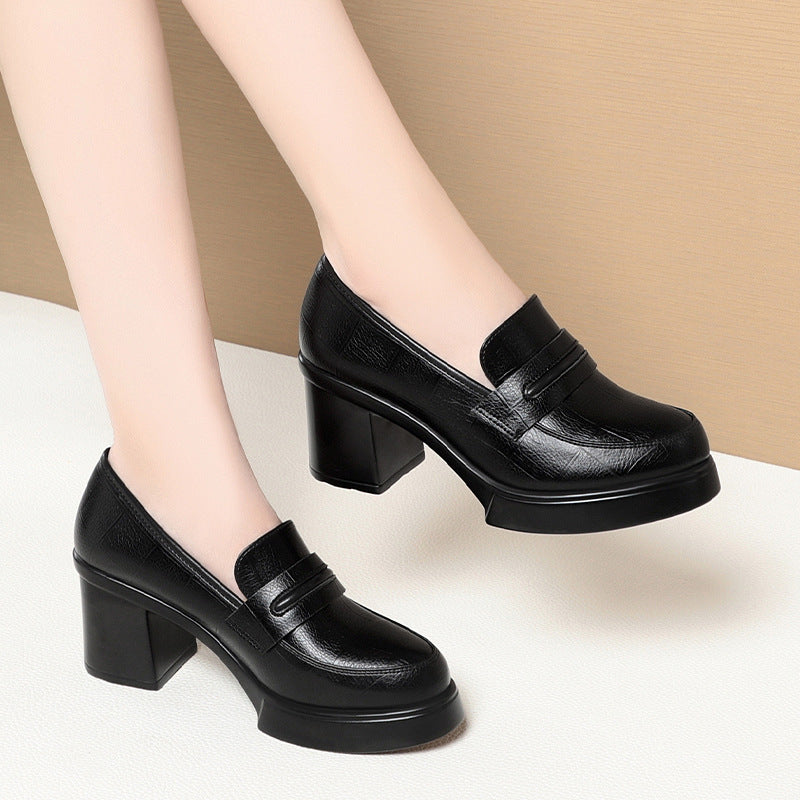 Black Platform Block Heel Penny Loafers | Women's Slip-On Chunky Heel Leather Pumps | Classic High Heel Loafers