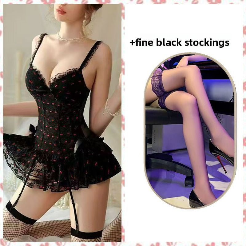Women's Pink Cherry Print Lace Corset Cami and Ruffle Skirt Lingerie Set Kawaii Bow Garter Belt Thigh High Stockings Bear Ear Set