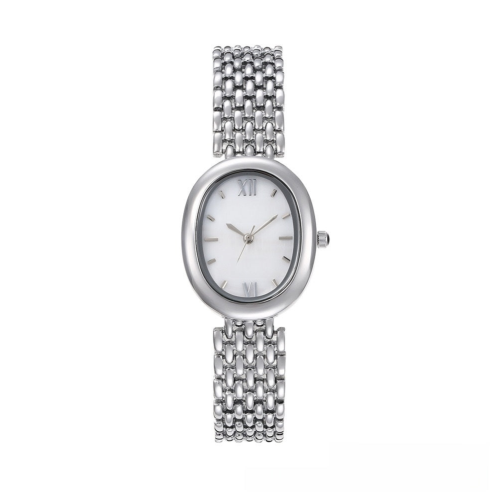Oval Mother of Pearl Watch Women | Blue Shell Dial Roman Numerals | Silver Brick Bracelet | Elegant Quartz Dress Watch