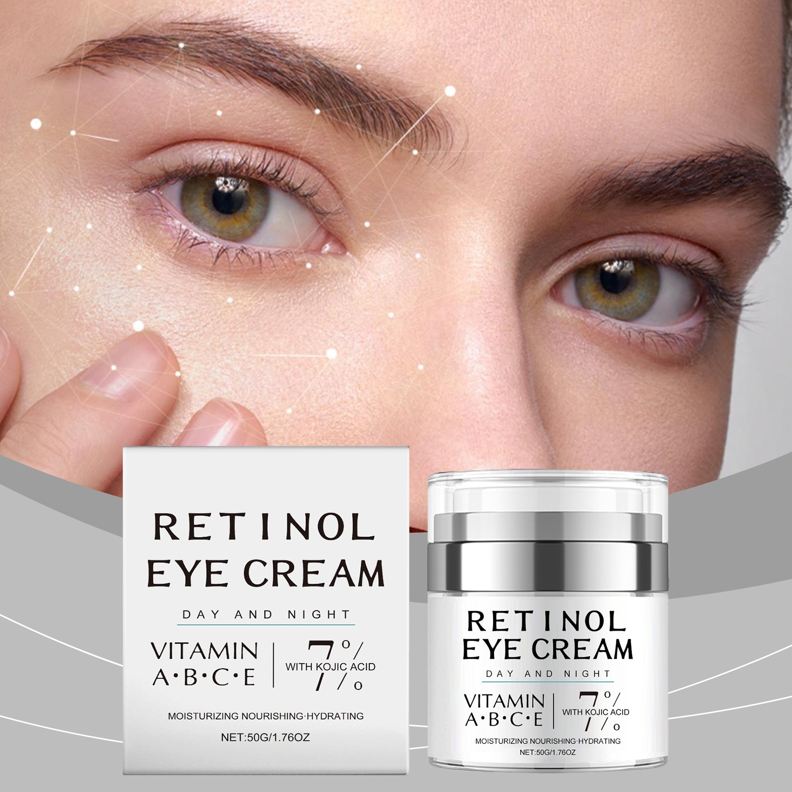 Retinol Eye Cream Day & Night | Vitamin A B C E + 7% Kojic Acid | Moisturizing Nourishing Hydrating Under Eye Cream | Dark Circles Wrinkles Fine Lines | 50g