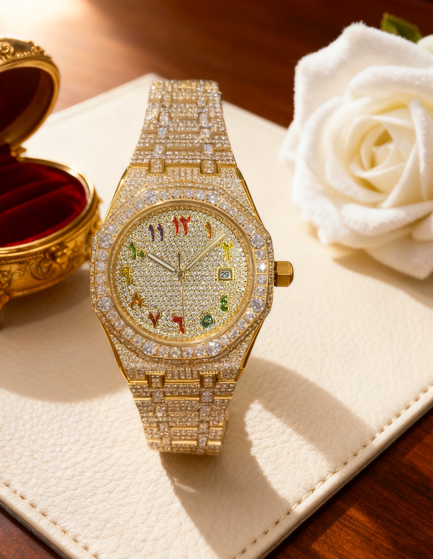Iced Out Full Diamond Watch | Arabic Numeral Rose Gold Octagonal Bezel | Luxury Hip Hop Baguette & Paved Crystal Men's Watch
