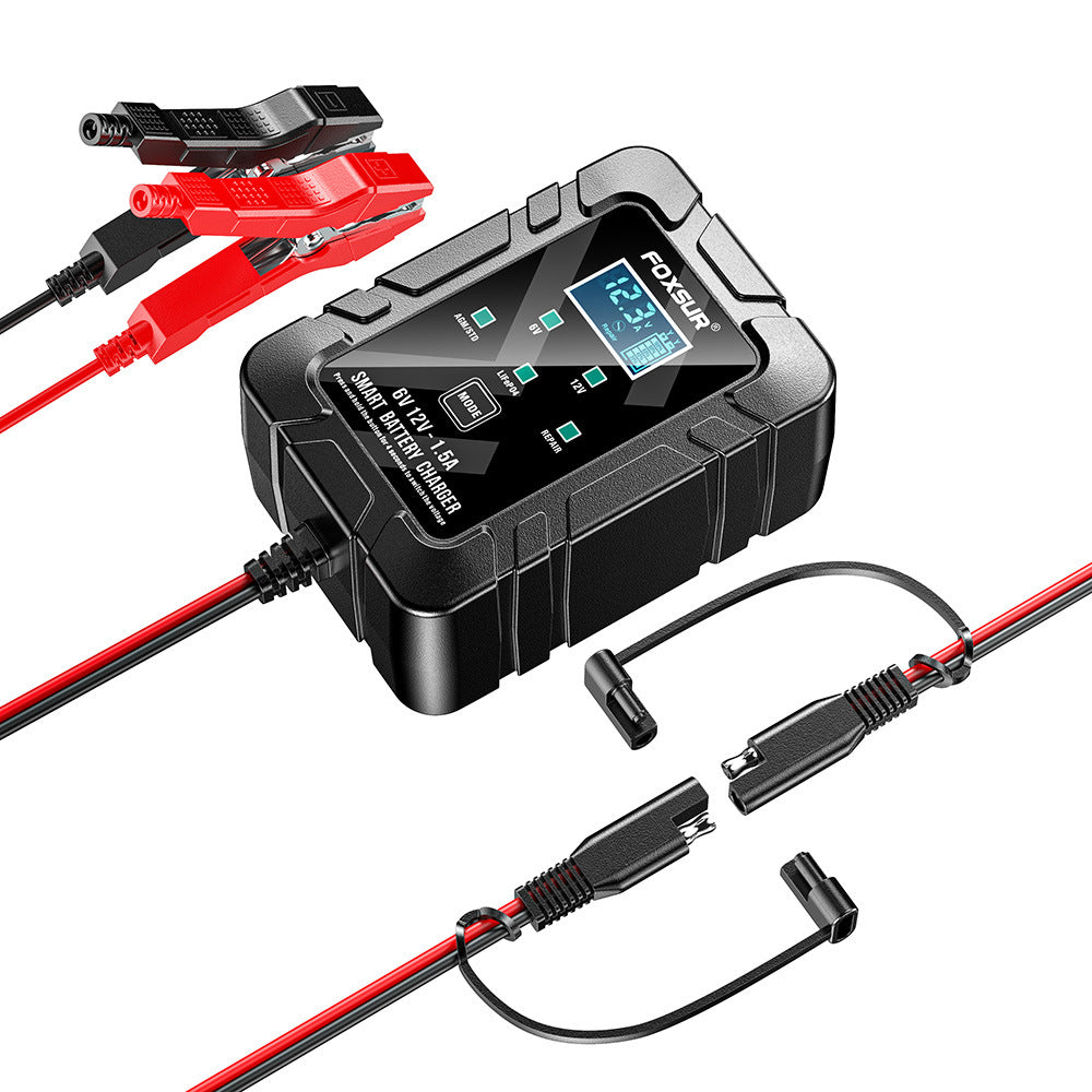 FOXSUR 6V 12V 1.5A Smart Battery Charger | AGM LiFePO4 Repair Mode LCD Display | Automatic Car Motorcycle Battery Maintainer