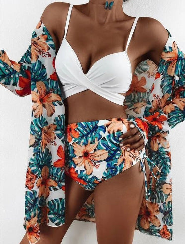 Pink Floral 3 Piece Bikini Set with Kimono Cover Up | Push Up Top High Waist Bottom | Women's Romantic Beach Swimwear