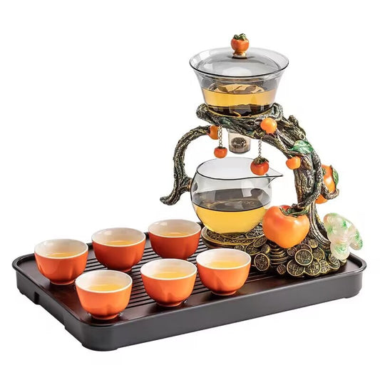 Chinese Automatic Glass Tea Set | Persimmon Tree Lucky Design | Magnetic Rotating Infuser | 6 Cups & Tea Tray | Kung Fu Gongfu Tea Ceremony Gift