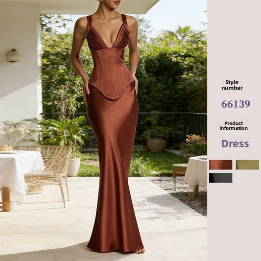Rust Brown Satin Corset Maxi Dress | Deep V Neck Pleated Bust Mermaid Gown | Women's Elegant Formal Evening Dress | Wedding Guest & Gala Outfit