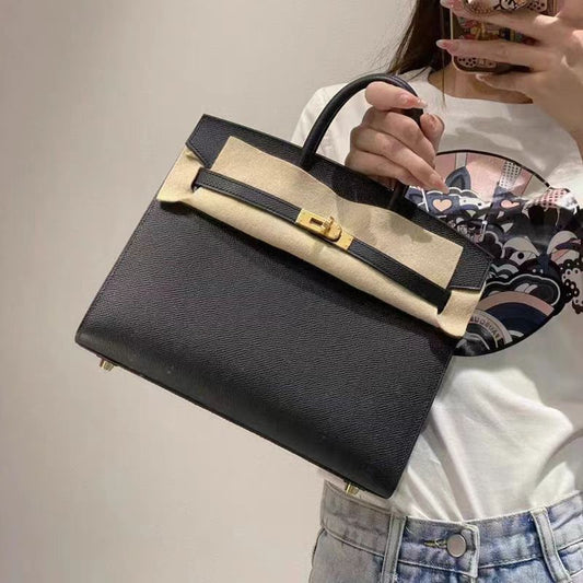 Women's Luxury Structured Leather Tote Bag | Taupe Grey Gold Hardware Top Handle Handbag | Designer Style Purse