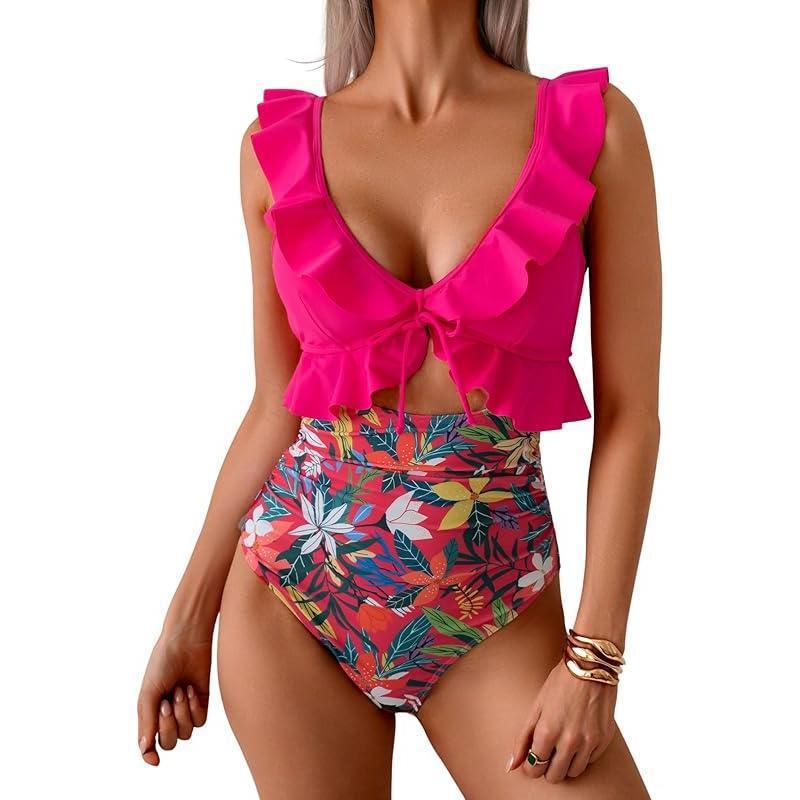 Teal Ruffle V-Neck Tie Front Cutout One Piece Swimsuit | High Waist Ruched Monokini | Women's Elegant Swimwear