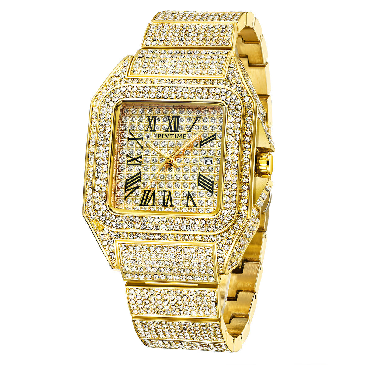 Pin Time Men's Full Iced Out Square Watch | Silver CZ Pave Roman Numeral Santos Style Hip Hop Watch with Date