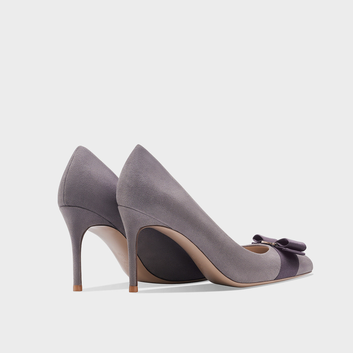 Grey Suede Round Toe Stiletto Pumps with Dark Purple Grosgrain Ribbon Bow & Gold Hardware | Elegant Luxury Heels for Women