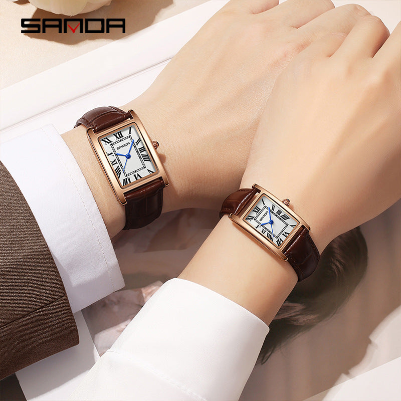 SANDA Women's Rectangle Rose Gold Watch | White Roman Numeral Dial Blue Hands Black Leather Strap Classic Quartz Timepiece
