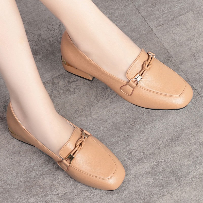 Tan Nude Leather Chain Bit Low Heel Loafers for Women | Gold Chain Hardware Square Toe Slip-On Loafer Pumps | Elegant Gold Trim Block Heel Shoes | Luxury Everyday Loafer Heels