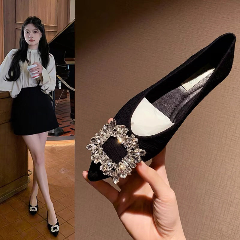 Black Suede Pointed Toe Crystal Brooch Flat Pumps | Rhinestone Square Buckle Embellished Slip-On Ballet Flats for Women
