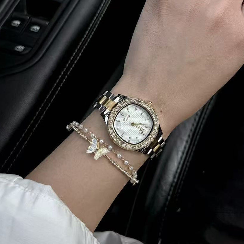 Scottie Crystal Bezel Watch Women | Silver Textured Dial | Black Crocodile Leather Strap | Date Display Elegant Dress Watch