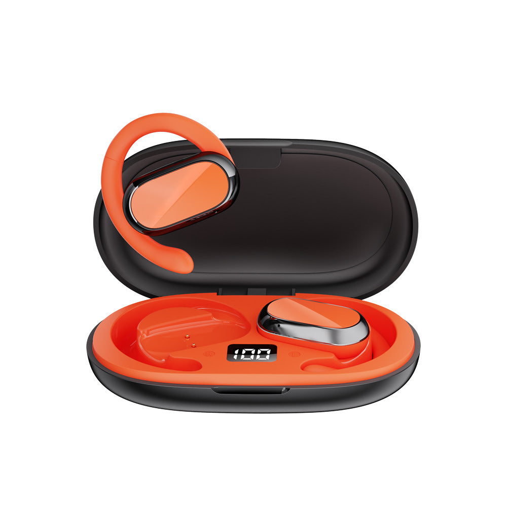 Open Ear Clip Wireless Earbuds TWS Bluetooth 5.0 Chrome Oval Design LED Battery Display Charging Case Cream Ivory Stereo Sound Hands Free Mic for Sport Running Gym Work iPhone Android