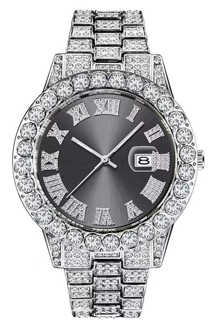 Iced Out Silver Watch | Green Sunburst Dial Diamond Roman Numerals | Full Crystal Bezel & Bracelet Mens Hip Hop Quartz Watch