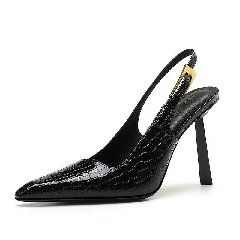 Black Patent Leather Gold Metal Heel Slingback Pumps | Women's Pointed Toe Luxury Stiletto Heels