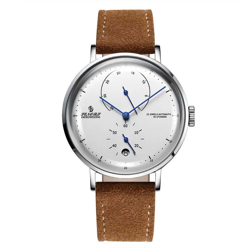 JENORS Energy Reserve Men's Automatic Watch | Black Starfield Dial 22 Jewels Power Reserve Indicator Silver Steel Luxury Timepiece