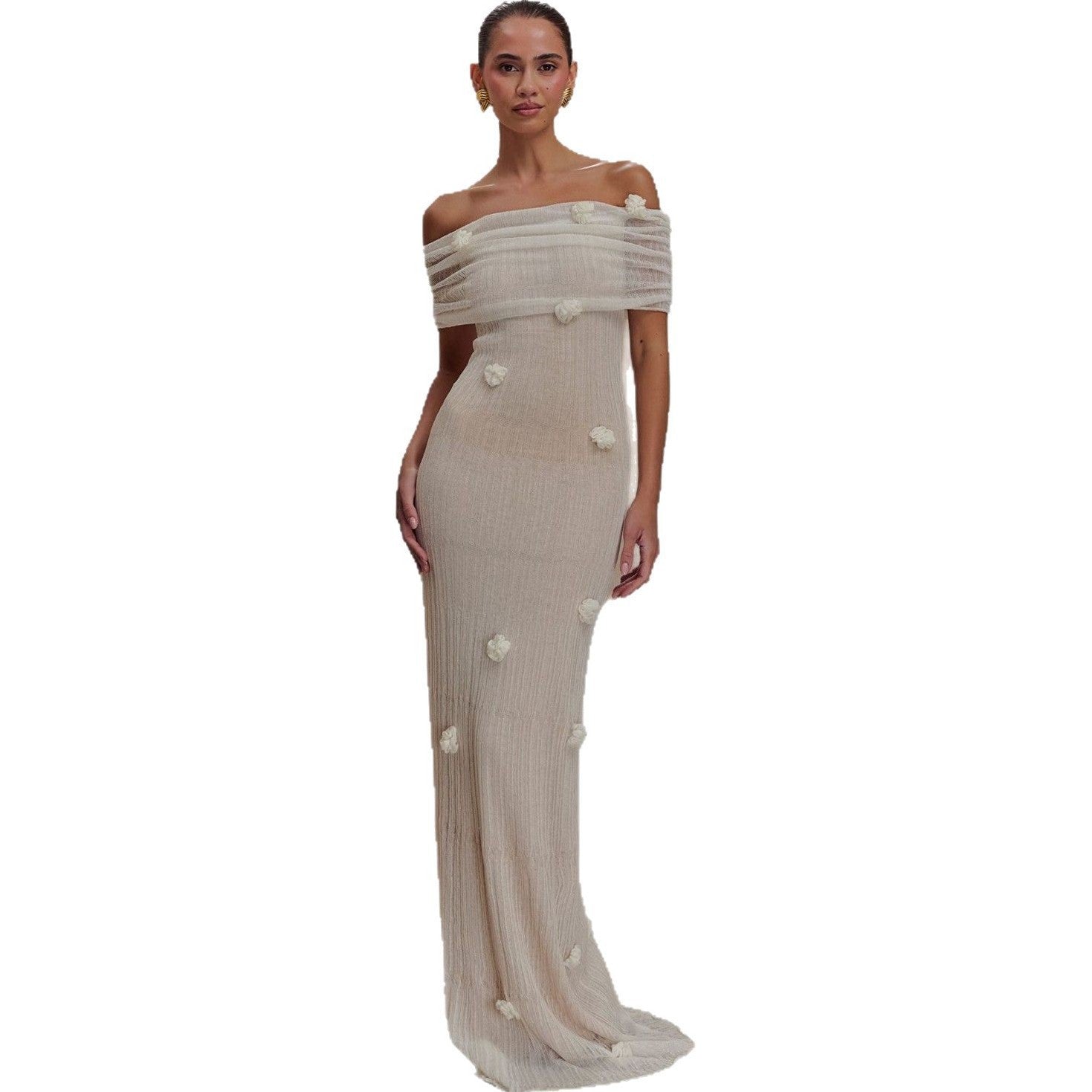 White Off-Shoulder Pleated Maxi Dress | 3D Floral Appliqu� Bridal Gown | Women's Luxury Formal Evening Dress