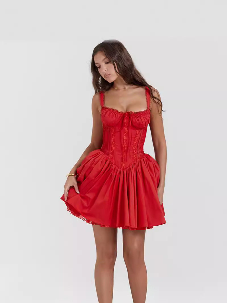 Women's Corset Bodice Mini Dress Sexy Boned Bustier Square Neck Lace Trim Flared Skirt Party Dress 5 Colors