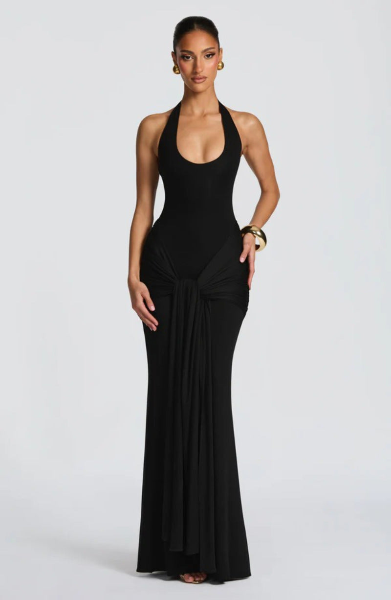 White Halter Neck Maxi Dress | Ruched Twist Front Backless Gown | Elegant Evening Formal Dress for Women