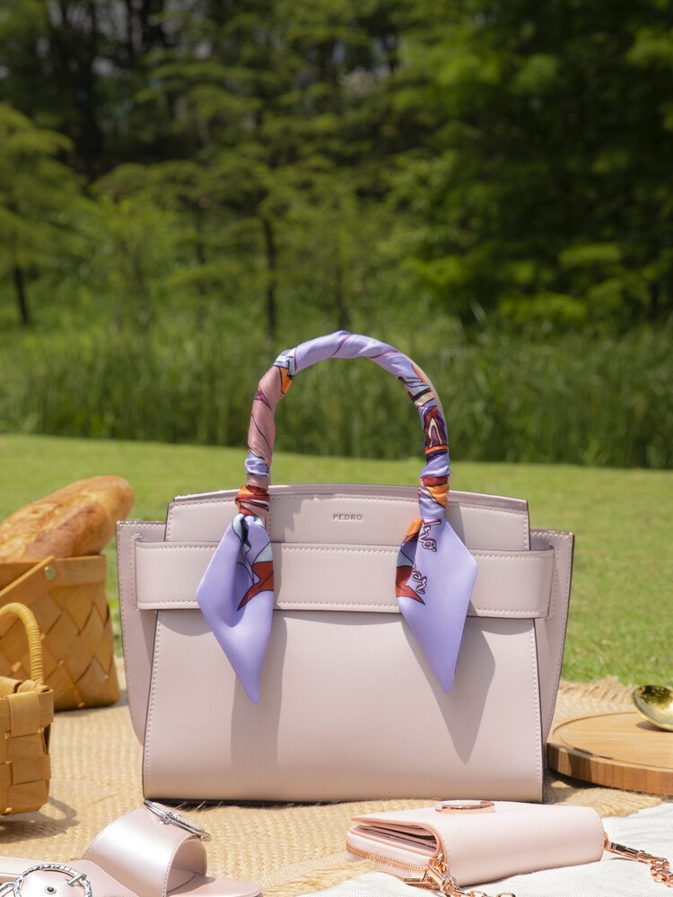 Orange Leather Handbag with Silk Scarf - Structured Trapezoid Tote Bag | Designer Belt Closure Satchel