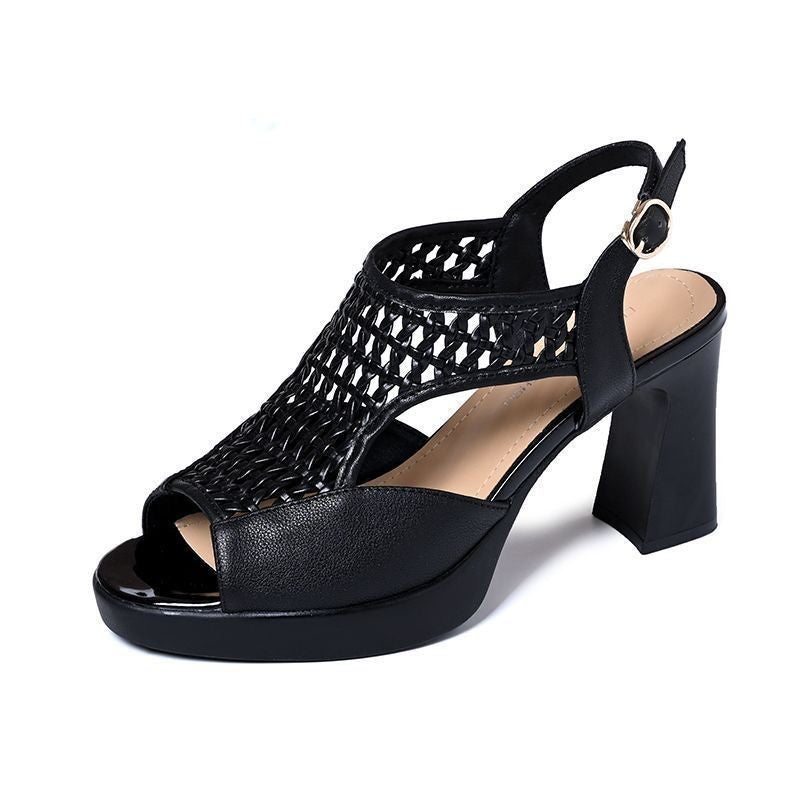 Black Leather Woven Cutout T-Bar Peep Toe Platform Block Heel Slingback Sandals | Women's Breathable High Heel Shoes