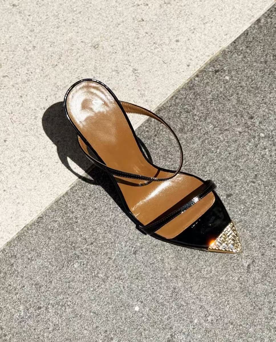 Black Patent Leather Strappy Heeled Sandals with Gold Pointed Toe Cap | Luxury Evening Shoes