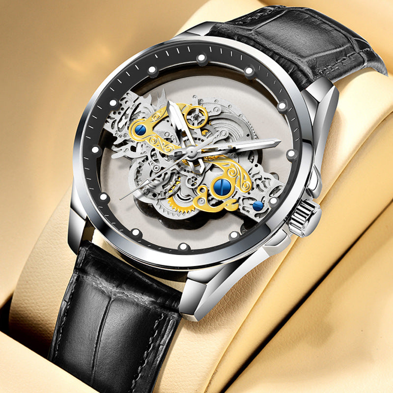 Men's Skeleton Automatic Mechanical Watch | Hollow Tourbillon Gold Gear Stainless Steel | Blue Accent Luxury Timepiece