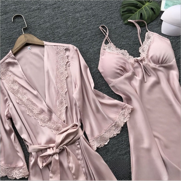 Women's Gray Satin Rose Lace Trim Robe & Slip Nightgown Set ? Luxury 2-Piece Bridal Sleepwear Set