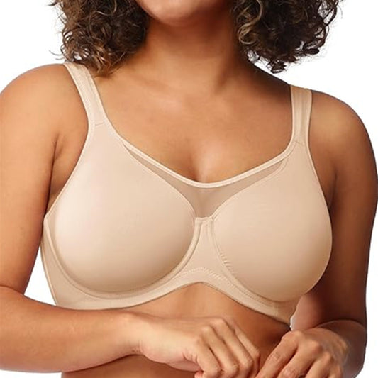 Women's Black Full Coverage Underwire Bra with Mesh V Cutout Detail, Wide Straps and Molded Cups for Large Bust