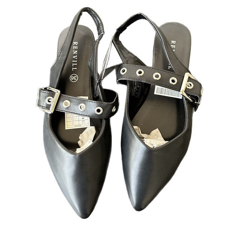 Women's Cream Pointed Toe Slingback Flats with Eyelet Buckle Strap ? Elegant Minimalist Mary Jane Style Shoes