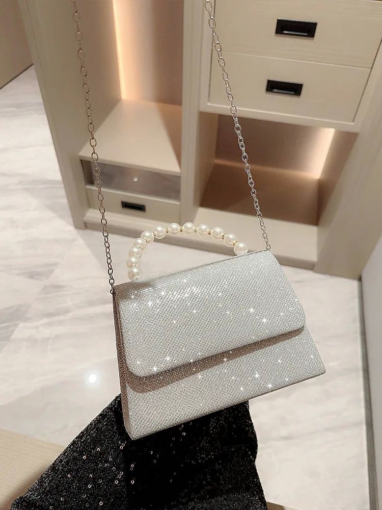 Silver Crystal Rhinestone Evening Clutch Bag with Pearl Handle - Women's Sparkly Wedding Party Purse - Elegant Formal Handbag for Prom, Bridal, Cocktail Events