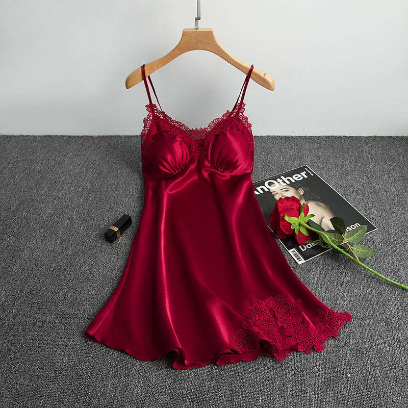 Women's Wine Red Satin Lace Trim 2 Piece Nightgown and Robe Set Sexy V Neck Slip Dress with Belted Dressing Gown Sleepwear