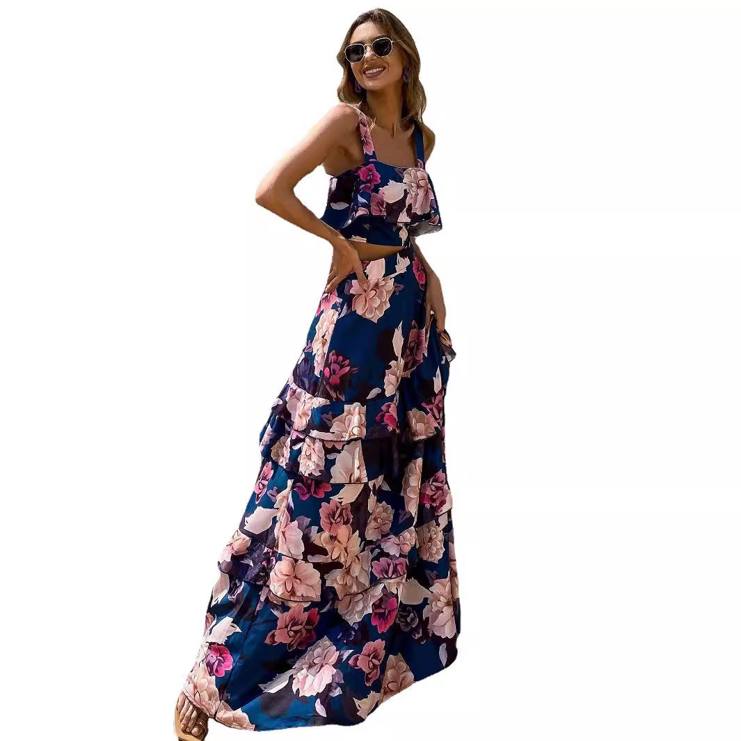 Women's 2 Piece Floral Print Crop Top & Tiered Ruffle Maxi Skirt Set - Blue Pink Spaghetti Strap Summer Boho Vacation Co-Ord Set