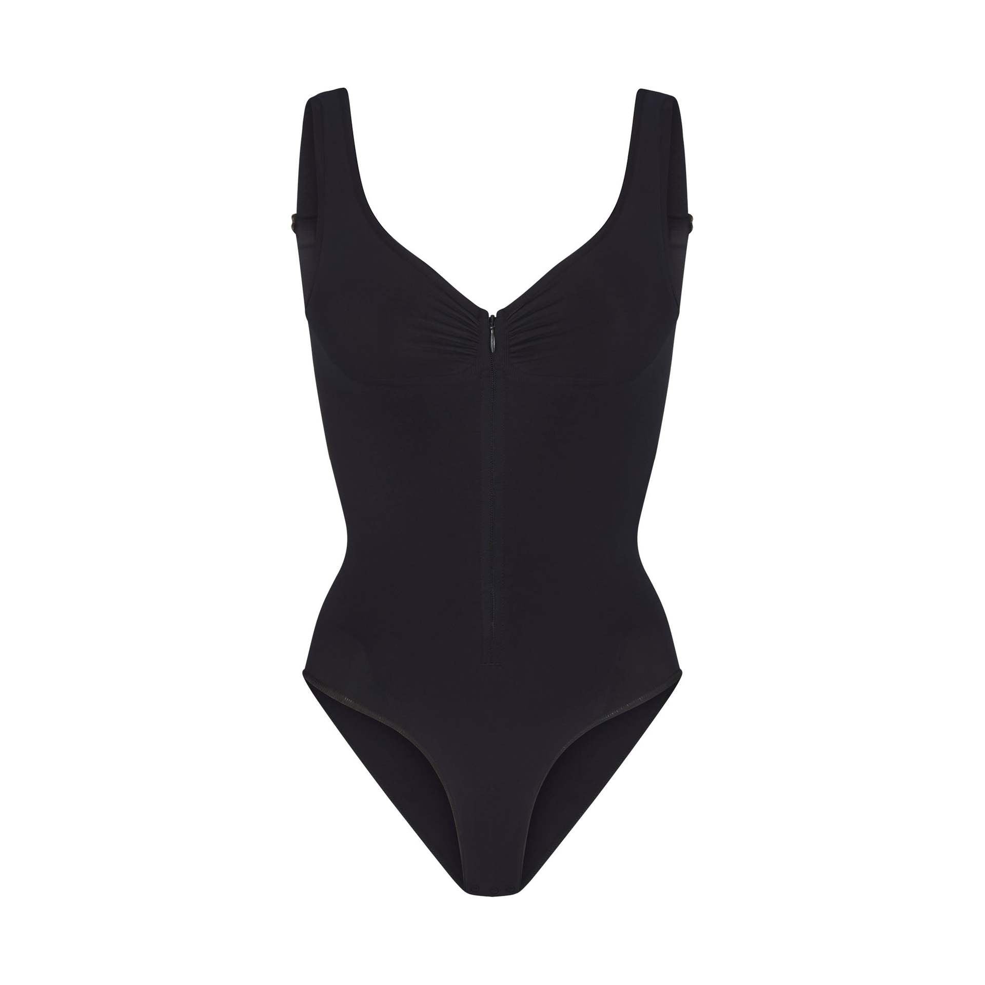 Womens Seamless Tummy Control Bodysuit Shapewear with Zipper Front Deep V Neck Adjustable Straps Thong Body Shaper in Nude and Black