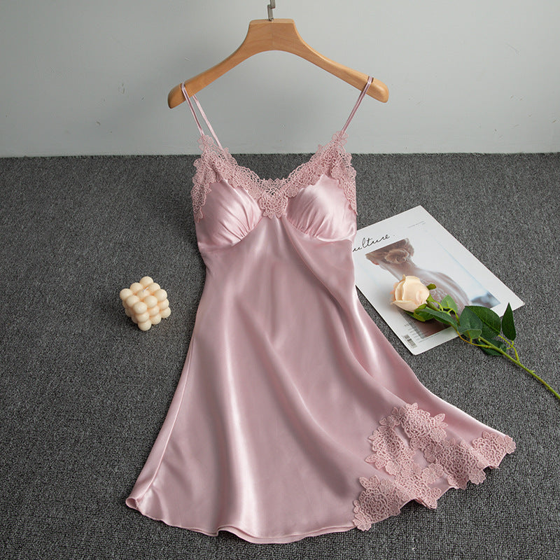 Women's Wine Red Satin Lace Trim 2 Piece Nightgown and Robe Set Sexy V Neck Slip Dress with Belted Dressing Gown Sleepwear