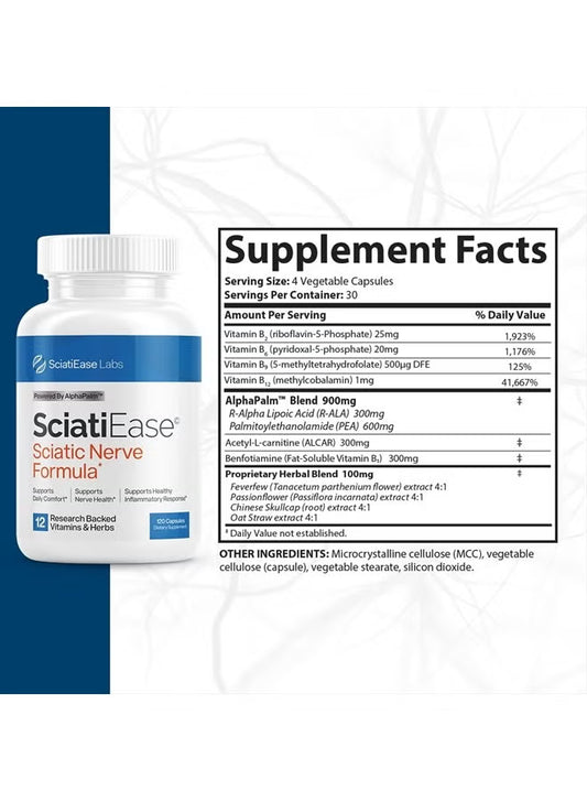 SciatiEase Formel gegen Ischiasbeschwerden – 3er-Pack (360 Kapseln) | 12 wissenschaftlich fundierte Vitamine und Kräuter für gesunde Nerven und tägliches Wohlbefinden